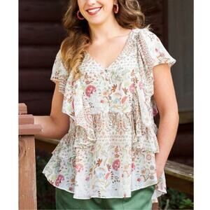 Matilda Jane Fly By Floral Cascading Ruffle Top Size XS